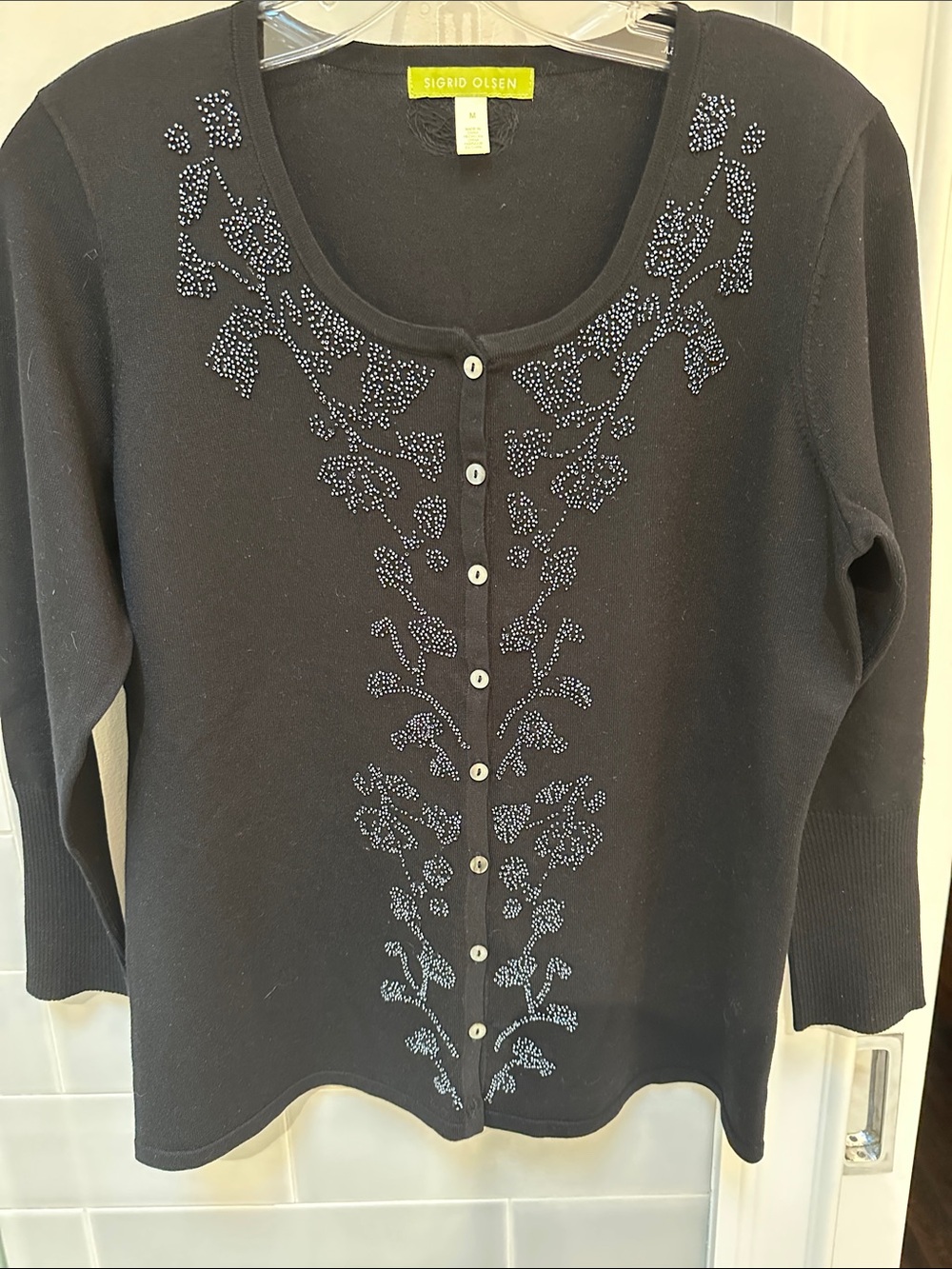Sigrid Olsen Black Button-Front Cardigan with Floral Bead Detail